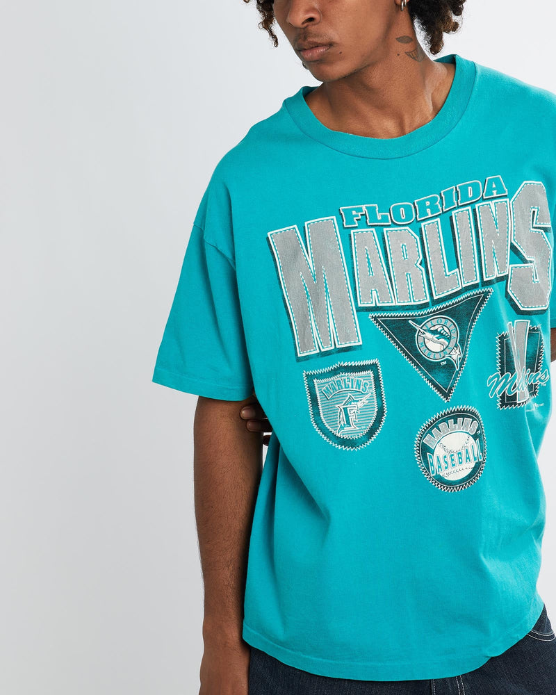 Vintage, 1993, MLB, Florida, Marlins, Tee, The Real Deal, size large, colour Blue, newtown, sydney, australia, thrift store, opshop, preloved, secondhand, sustainable, retro, antique, 70s, 80s, 90s, 2000s, 00s, fashion, clothing, streetwear, trendy, garment, style, boutique, store, shop, archive, sale, cheap, best, top, T-Shirts