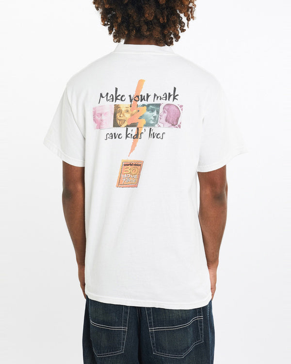 Vintage, World, Vision, 30, Hour, Famine", Tee, The Real Deal, size large, colour White, newtown, sydney, australia, thrift store, opshop, preloved, secondhand, sustainable, retro, antique, 70s, 80s, 90s, 2000s, 00s, fashion, clothing, streetwear, trendy, garment, style, boutique, store, shop, archive, sale, cheap, best, top, T-Shirts