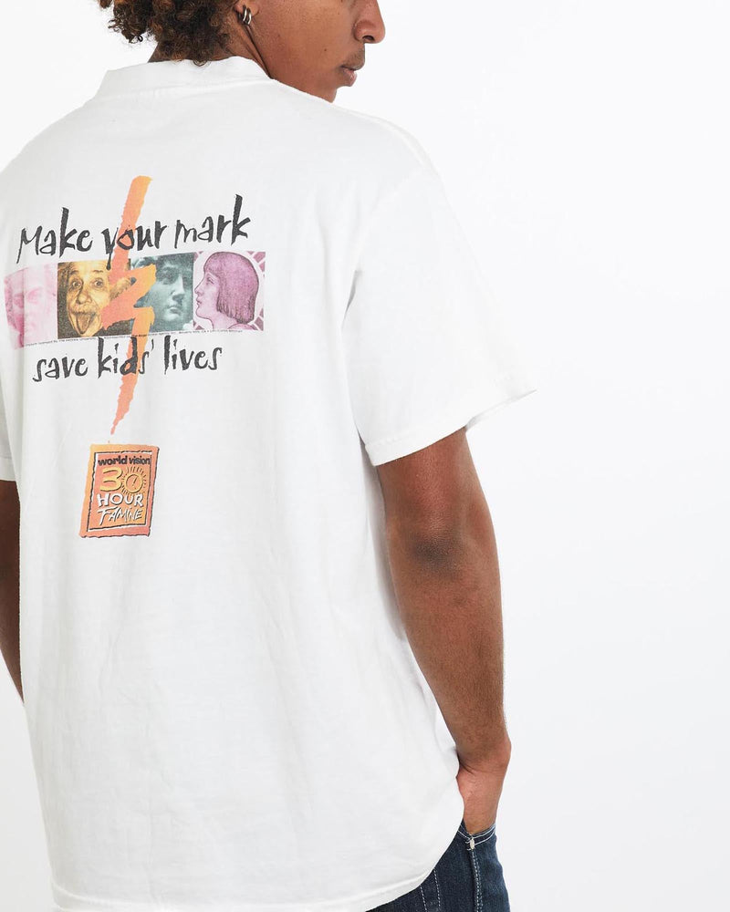 Vintage, World, Vision, 30, Hour, Famine", Tee, The Real Deal, size large, colour White, newtown, sydney, australia, thrift store, opshop, preloved, secondhand, sustainable, retro, antique, 70s, 80s, 90s, 2000s, 00s, fashion, clothing, streetwear, trendy, garment, style, boutique, store, shop, archive, sale, cheap, best, top, T-Shirts