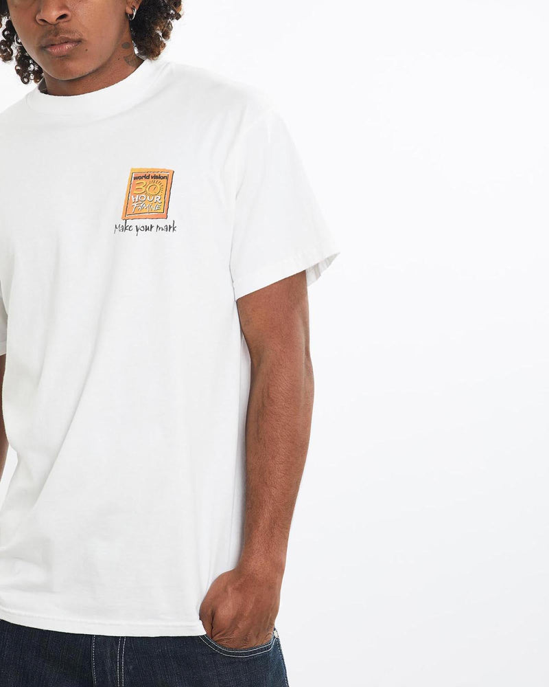 Vintage, World, Vision, 30, Hour, Famine", Tee, The Real Deal, size large, colour White, newtown, sydney, australia, thrift store, opshop, preloved, secondhand, sustainable, retro, antique, 70s, 80s, 90s, 2000s, 00s, fashion, clothing, streetwear, trendy, garment, style, boutique, store, shop, archive, sale, cheap, best, top, T-Shirts