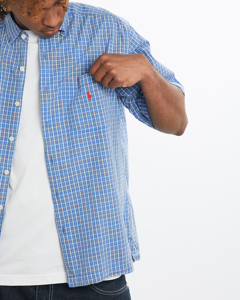 Vintage, 90s, Polo, Ralph, Lauren, Short, Sleeve, Button, Up, Shirt, The Real Deal, size large, colour Blue, newtown, sydney, australia, thrift store, opshop, preloved, secondhand, sustainable, retro, antique, 70s, 80s, 90s, 2000s, 00s, fashion, clothing, streetwear, trendy, garment, style, boutique, store, shop, archive, sale, cheap, best, top, Shirts