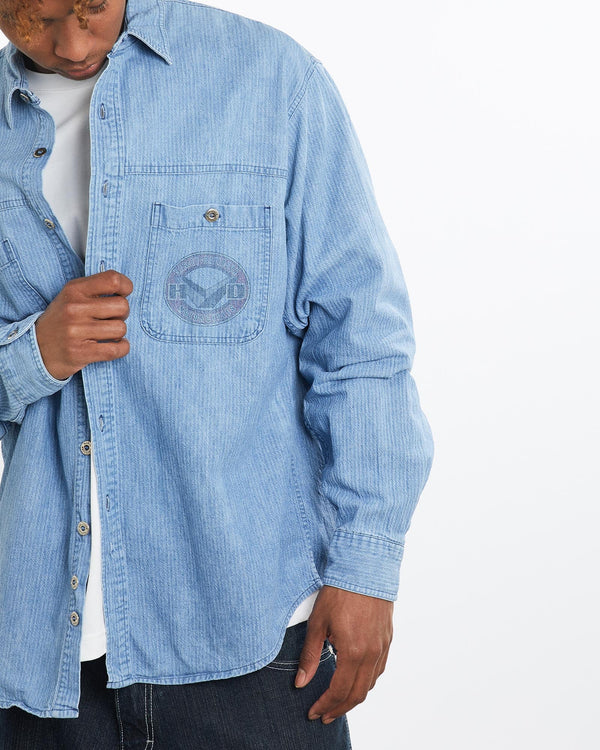 Vintage, Harley, Davidson, Denim, Button, Up, Shirt, The Real Deal, size large, colour Blue, newtown, sydney, australia, thrift store, opshop, preloved, secondhand, sustainable, retro, antique, 70s, 80s, 90s, 2000s, 00s, fashion, clothing, streetwear, trendy, garment, style, boutique, store, shop, archive, sale, cheap, best, top, Shirts