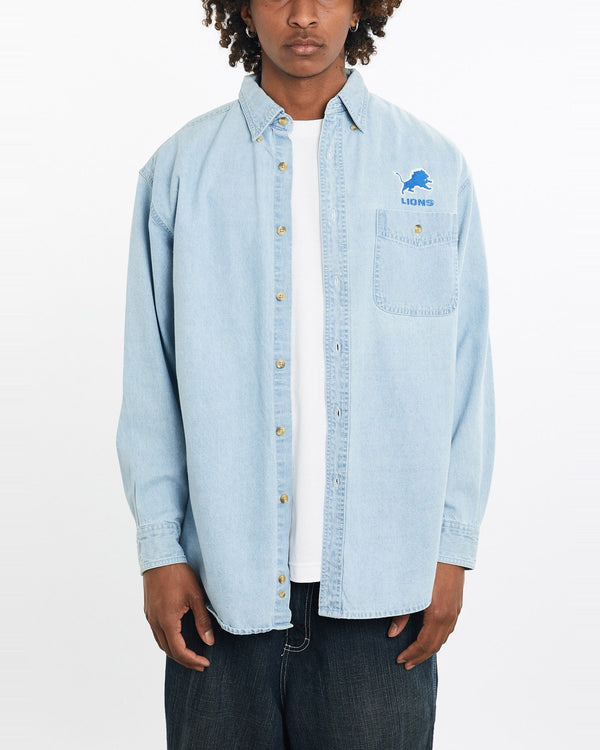 Vintage, Lee, Sport, Detroit, Lions, Denim, Button, Up, Shirt, The Real Deal, size large, colour Blue, newtown, sydney, australia, thrift store, opshop, preloved, secondhand, sustainable, retro, antique, 70s, 80s, 90s, 2000s, 00s, fashion, clothing, streetwear, trendy, garment, style, boutique, store, shop, archive, sale, cheap, best, top, Shirts