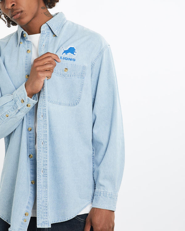 Vintage, Lee, Sport, Detroit, Lions, Denim, Button, Up, Shirt, The Real Deal, size large, colour Blue, newtown, sydney, australia, thrift store, opshop, preloved, secondhand, sustainable, retro, antique, 70s, 80s, 90s, 2000s, 00s, fashion, clothing, streetwear, trendy, garment, style, boutique, store, shop, archive, sale, cheap, best, top, Shirts