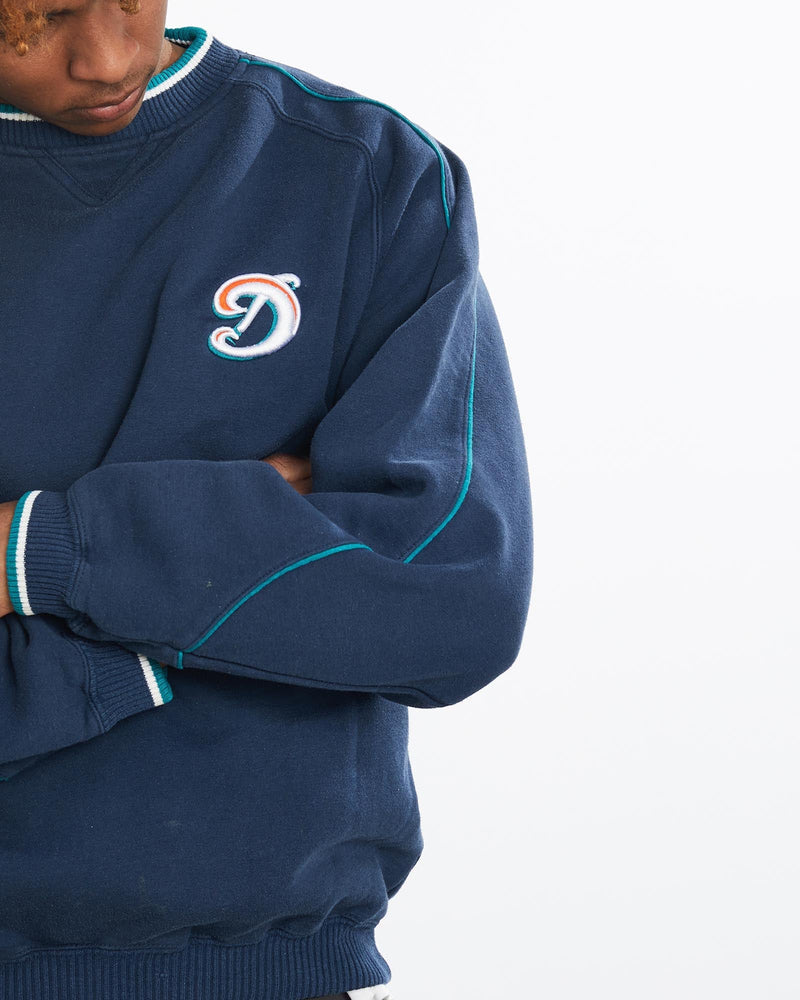 Vintage, NFL, Miami, Dolphins, Sweatshirt, The Real Deal, size large, colour Navy, newtown, sydney, australia, thrift store, opshop, preloved, secondhand, sustainable, retro, antique, 70s, 80s, 90s, 2000s, 00s, fashion, clothing, streetwear, trendy, garment, style, boutique, store, shop, archive, sale, cheap, best, top, Sweats and hoodies