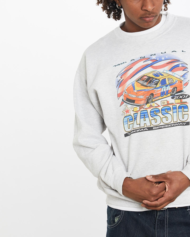 Vintage, 2001, Yakima, Speedway, Fall, Classic, Sweatshirt, The Real Deal, size large, colour Grey, newtown, sydney, australia, thrift store, opshop, preloved, secondhand, sustainable, retro, antique, 70s, 80s, 90s, 2000s, 00s, fashion, clothing, streetwear, trendy, garment, style, boutique, store, shop, archive, sale, cheap, best, top, Sweats and hoodies