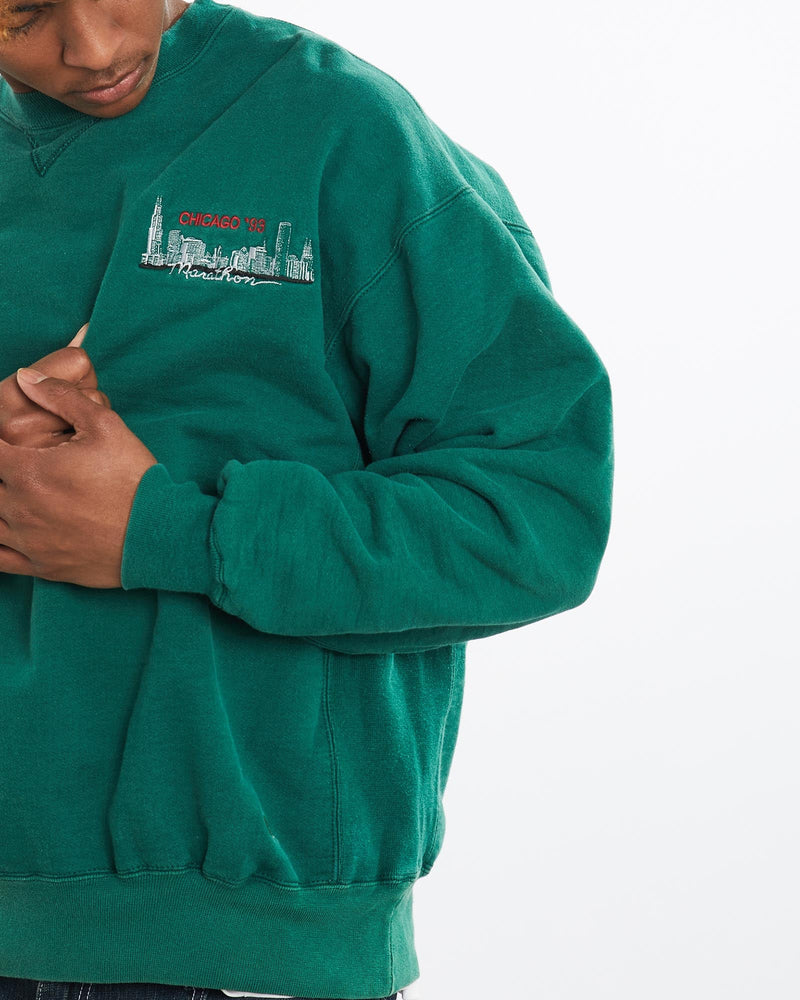 Vintage, 1993, Chicago, Marathon, Sweatshirt, The Real Deal, size large, colour Green, newtown, sydney, australia, thrift store, opshop, preloved, secondhand, sustainable, retro, antique, 70s, 80s, 90s, 2000s, 00s, fashion, clothing, streetwear, trendy, garment, style, boutique, store, shop, archive, sale, cheap, best, top, Sweats and hoodies