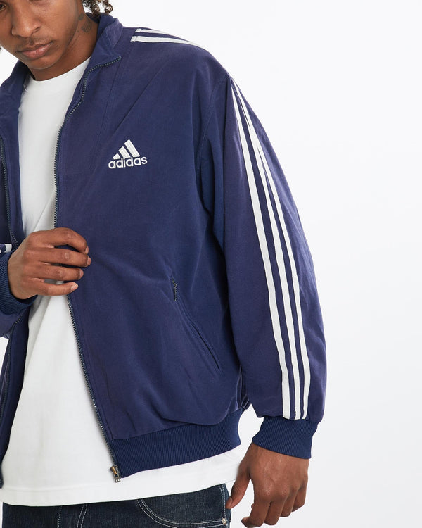 Vintage, 90s, Adidas, Track, Jacket, The Real Deal, size large, colour Navy, newtown, sydney, australia, thrift store, opshop, preloved, secondhand, sustainable, retro, antique, 70s, 80s, 90s, 2000s, 00s, fashion, clothing, streetwear, trendy, garment, style, boutique, store, shop, archive, sale, cheap, best, top, Jackets