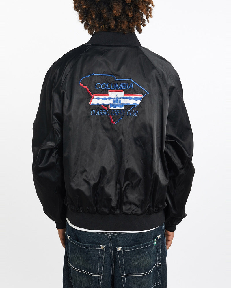 Vintage, 80s, Columbia, Classic, Chevy, Club, Satin, Bomber, Jacket, The Real Deal, size large, colour Black, newtown, sydney, australia, thrift store, opshop, preloved, secondhand, sustainable, retro, antique, 70s, 80s, 90s, 2000s, 00s, fashion, clothing, streetwear, trendy, garment, style, boutique, store, shop, archive, sale, cheap, best, top, Jackets