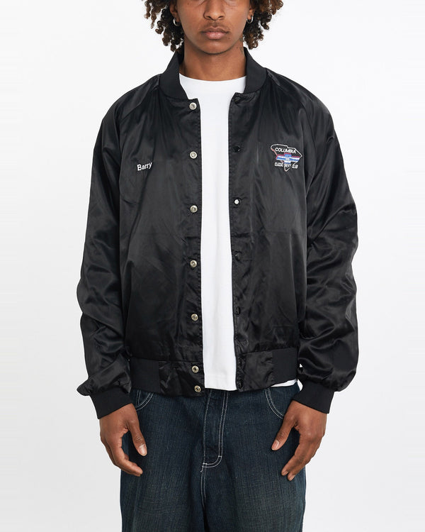 Vintage, 80s, Columbia, Classic, Chevy, Club, Satin, Bomber, Jacket, The Real Deal, size large, colour Black, newtown, sydney, australia, thrift store, opshop, preloved, secondhand, sustainable, retro, antique, 70s, 80s, 90s, 2000s, 00s, fashion, clothing, streetwear, trendy, garment, style, boutique, store, shop, archive, sale, cheap, best, top, Jackets