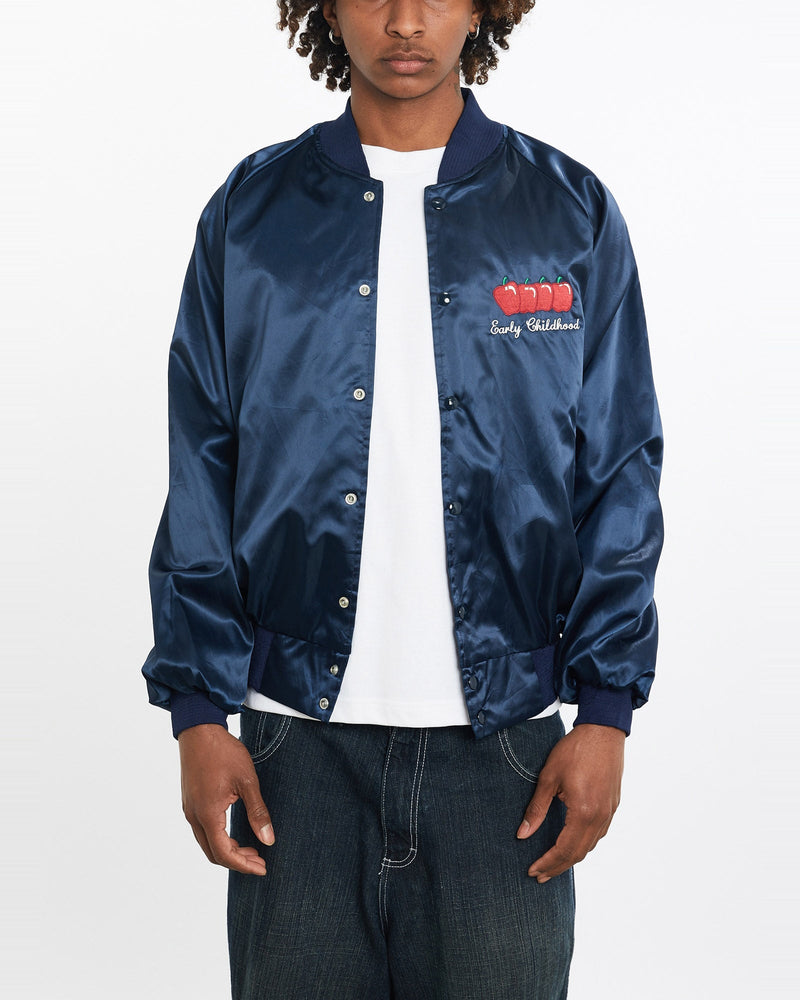 Vintage, 80s, Early, Childhood, Satin, Bomber, Jacket, The Real Deal, size large, colour Navy, newtown, sydney, australia, thrift store, opshop, preloved, secondhand, sustainable, retro, antique, 70s, 80s, 90s, 2000s, 00s, fashion, clothing, streetwear, trendy, garment, style, boutique, store, shop, archive, sale, cheap, best, top, Jackets