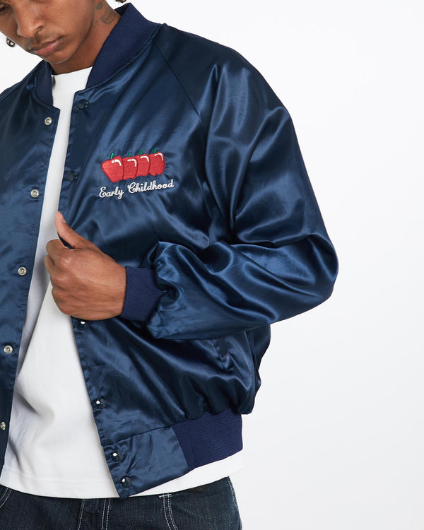 Vintage, 80s, Early, Childhood, Satin, Bomber, Jacket, The Real Deal, size large, colour Navy, newtown, sydney, australia, thrift store, opshop, preloved, secondhand, sustainable, retro, antique, 70s, 80s, 90s, 2000s, 00s, fashion, clothing, streetwear, trendy, garment, style, boutique, store, shop, archive, sale, cheap, best, top, Jackets