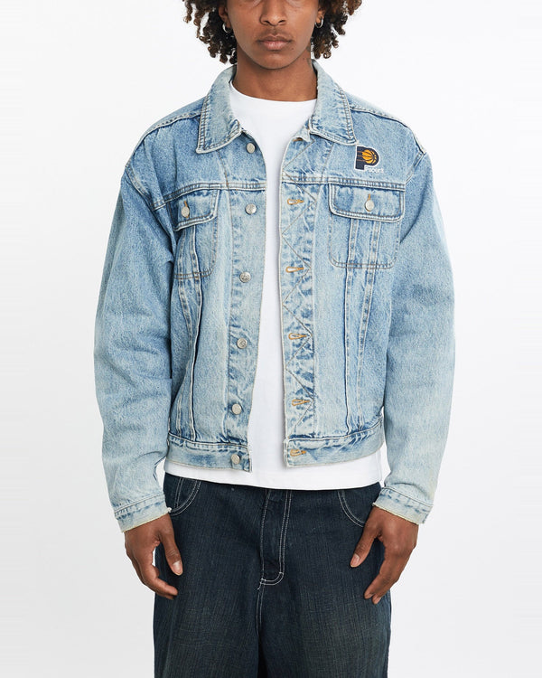 Vintage, 90s, NBA, Indiana, Pacers, Denim, Jacket, The Real Deal, size large, colour Blue, newtown, sydney, australia, thrift store, opshop, preloved, secondhand, sustainable, retro, antique, 70s, 80s, 90s, 2000s, 00s, fashion, clothing, streetwear, trendy, garment, style, boutique, store, shop, archive, sale, cheap, best, top, Jackets