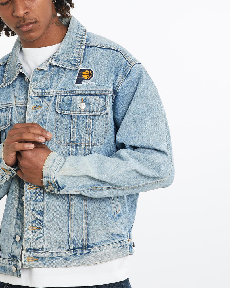 Vintage, 90s, NBA, Indiana, Pacers, Denim, Jacket, The Real Deal, size large, colour Blue, newtown, sydney, australia, thrift store, opshop, preloved, secondhand, sustainable, retro, antique, 70s, 80s, 90s, 2000s, 00s, fashion, clothing, streetwear, trendy, garment, style, boutique, store, shop, archive, sale, cheap, best, top, Jackets