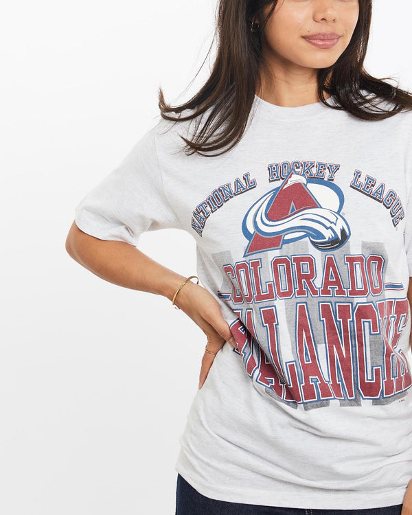 Vintage, 90s, NHL, Colorado, Avalanche, Tee, The Real Deal, size double extra small, colour White, newtown, sydney, australia, thrift store, opshop, preloved, secondhand, sustainable, retro, antique, 70s, 80s, 90s, 2000s, 00s, fashion, clothing, streetwear, trendy, garment, style, boutique, store, shop, archive, sale, cheap, best, top, T-Shirts