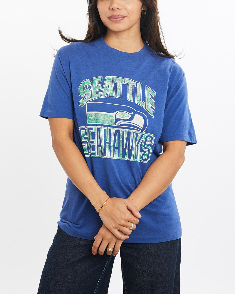 Vintage, 80s, NFL, Seattle, Seahawks, Tee, The Real Deal, size double extra small, colour Blue, newtown, sydney, australia, thrift store, opshop, preloved, secondhand, sustainable, retro, antique, 70s, 80s, 90s, 2000s, 00s, fashion, clothing, streetwear, trendy, garment, style, boutique, store, shop, archive, sale, cheap, best, top, T-Shirts