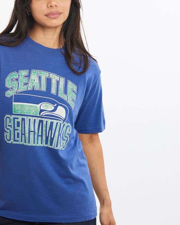 Vintage, 80s, NFL, Seattle, Seahawks, Tee, The Real Deal, size double extra small, colour Blue, newtown, sydney, australia, thrift store, opshop, preloved, secondhand, sustainable, retro, antique, 70s, 80s, 90s, 2000s, 00s, fashion, clothing, streetwear, trendy, garment, style, boutique, store, shop, archive, sale, cheap, best, top, T-Shirts