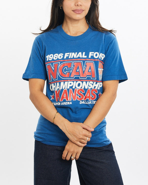Vintage, 1986, NCAA, Kansas, Jayhawks, Tee, The Real Deal, size double extra small, colour Blue, newtown, sydney, australia, thrift store, opshop, preloved, secondhand, sustainable, retro, antique, 70s, 80s, 90s, 2000s, 00s, fashion, clothing, streetwear, trendy, garment, style, boutique, store, shop, archive, sale, cheap, best, top, T-Shirts