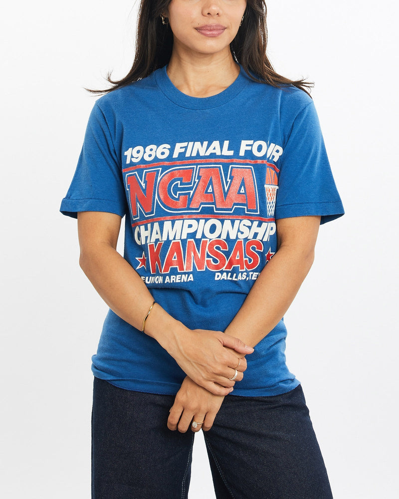 Vintage, 1986, NCAA, Kansas, Jayhawks, Tee, The Real Deal, size double extra small, colour Blue, newtown, sydney, australia, thrift store, opshop, preloved, secondhand, sustainable, retro, antique, 70s, 80s, 90s, 2000s, 00s, fashion, clothing, streetwear, trendy, garment, style, boutique, store, shop, archive, sale, cheap, best, top, T-Shirts