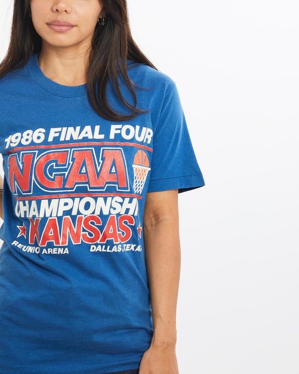 Vintage, 1986, NCAA, Kansas, Jayhawks, Tee, The Real Deal, size double extra small, colour Blue, newtown, sydney, australia, thrift store, opshop, preloved, secondhand, sustainable, retro, antique, 70s, 80s, 90s, 2000s, 00s, fashion, clothing, streetwear, trendy, garment, style, boutique, store, shop, archive, sale, cheap, best, top, T-Shirts