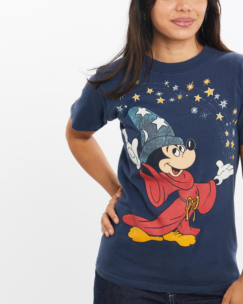 Vintage, 90s, Disney, Mickey, Mouse, Fantasia, Tee, The Real Deal, size double extra small, colour Navy, newtown, sydney, australia, thrift store, opshop, preloved, secondhand, sustainable, retro, antique, 70s, 80s, 90s, 2000s, 00s, fashion, clothing, streetwear, trendy, garment, style, boutique, store, shop, archive, sale, cheap, best, top, T-Shirts