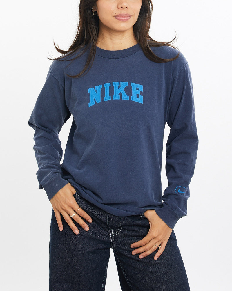 Vintage, Nike, Long, Sleeve, Tee, The Real Deal, size double extra small, colour Navy, newtown, sydney, australia, thrift store, opshop, preloved, secondhand, sustainable, retro, antique, 70s, 80s, 90s, 2000s, 00s, fashion, clothing, streetwear, trendy, garment, style, boutique, store, shop, archive, sale, cheap, best, top, T-Shirts
