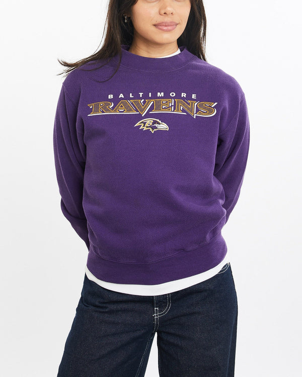 Vintage, NFL, Baltimore, Ravens, Sweatshirt, The Real Deal, size double extra small, colour Purple, newtown, sydney, australia, thrift store, opshop, preloved, secondhand, sustainable, retro, antique, 70s, 80s, 90s, 2000s, 00s, fashion, clothing, streetwear, trendy, garment, style, boutique, store, shop, archive, sale, cheap, best, top, Sweats and hoodies