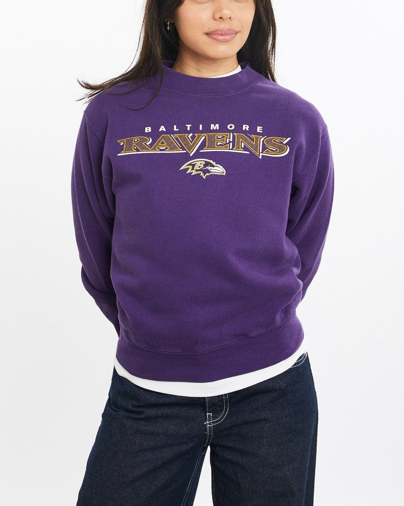 Vintage, NFL, Baltimore, Ravens, Sweatshirt, The Real Deal, size double extra small, colour Purple, newtown, sydney, australia, thrift store, opshop, preloved, secondhand, sustainable, retro, antique, 70s, 80s, 90s, 2000s, 00s, fashion, clothing, streetwear, trendy, garment, style, boutique, store, shop, archive, sale, cheap, best, top, Sweats and hoodies