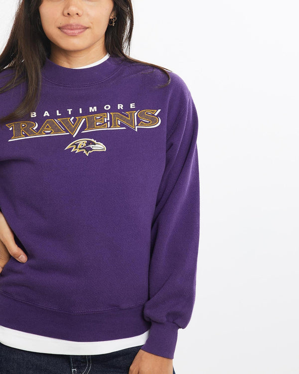 Vintage, NFL, Baltimore, Ravens, Sweatshirt, The Real Deal, size double extra small, colour Purple, newtown, sydney, australia, thrift store, opshop, preloved, secondhand, sustainable, retro, antique, 70s, 80s, 90s, 2000s, 00s, fashion, clothing, streetwear, trendy, garment, style, boutique, store, shop, archive, sale, cheap, best, top, Sweats and hoodies