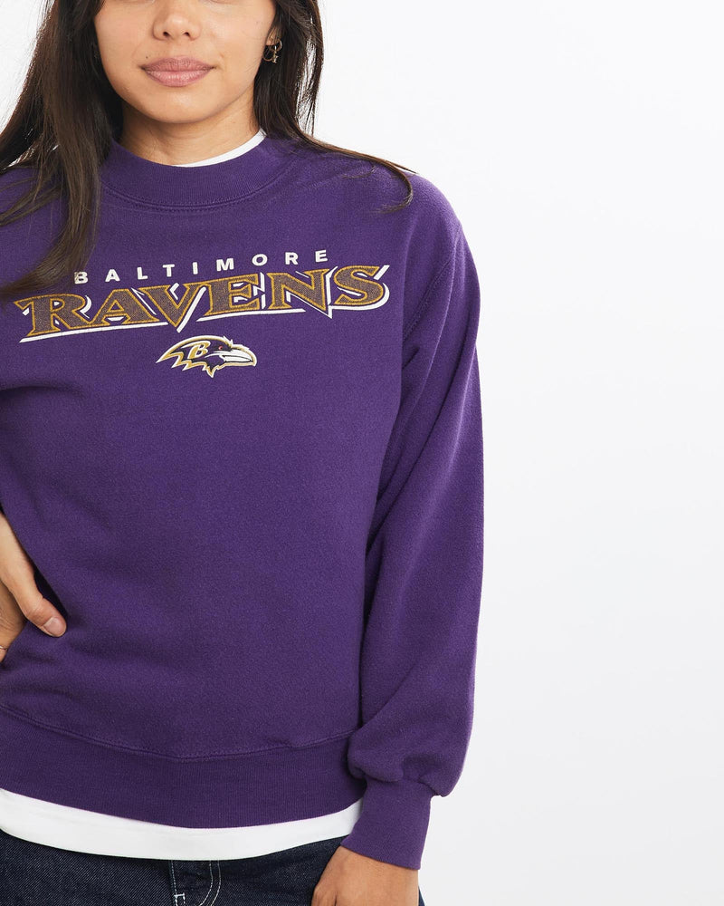 Vintage, NFL, Baltimore, Ravens, Sweatshirt, The Real Deal, size double extra small, colour Purple, newtown, sydney, australia, thrift store, opshop, preloved, secondhand, sustainable, retro, antique, 70s, 80s, 90s, 2000s, 00s, fashion, clothing, streetwear, trendy, garment, style, boutique, store, shop, archive, sale, cheap, best, top, Sweats and hoodies