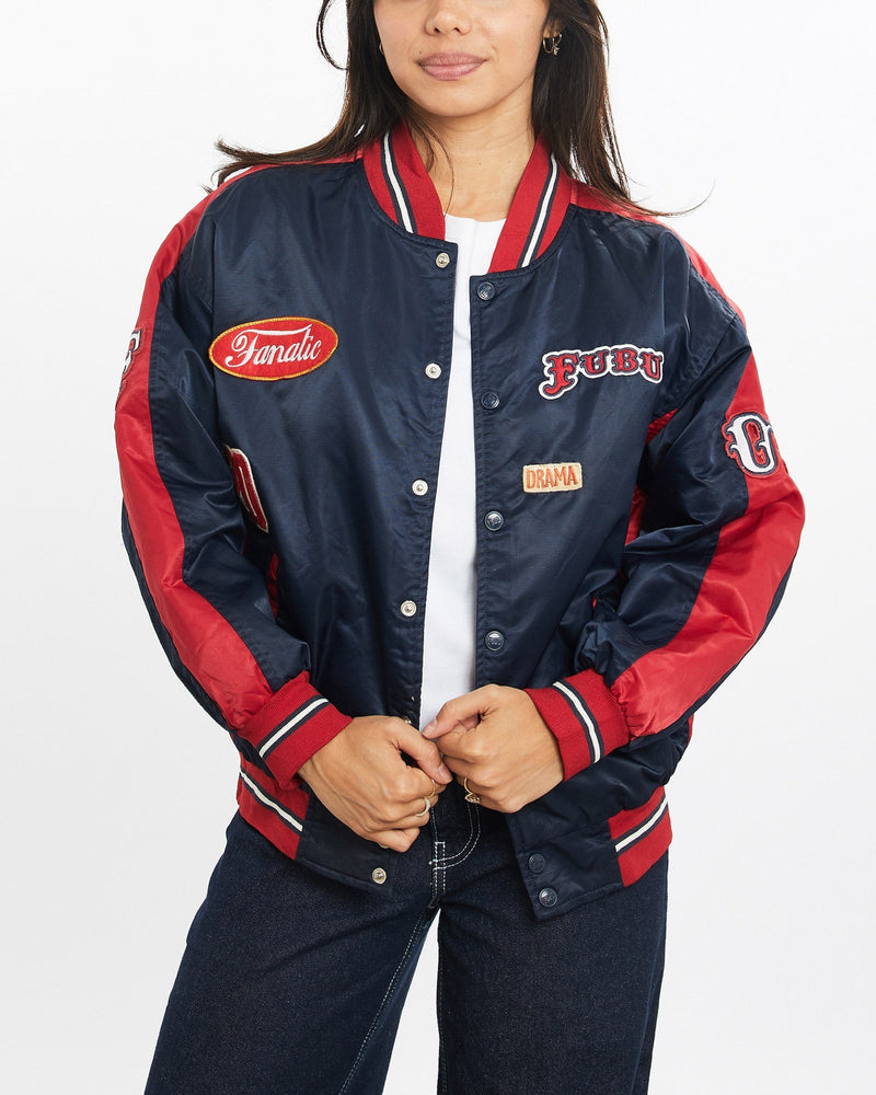 Vintage, FUBU, Satin, Bomber, Jacket, The Real Deal, size double extra small, colour Navy, newtown, sydney, australia, thrift store, opshop, preloved, secondhand, sustainable, retro, antique, 70s, 80s, 90s, 2000s, 00s, fashion, clothing, streetwear, trendy, garment, style, boutique, store, shop, archive, sale, cheap, best, top, Jackets