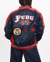 Vintage, FUBU, Satin, Bomber, Jacket, The Real Deal, size double extra small, colour Navy, newtown, sydney, australia, thrift store, opshop, preloved, secondhand, sustainable, retro, antique, 70s, 80s, 90s, 2000s, 00s, fashion, clothing, streetwear, trendy, garment, style, boutique, store, shop, archive, sale, cheap, best, top, Jackets