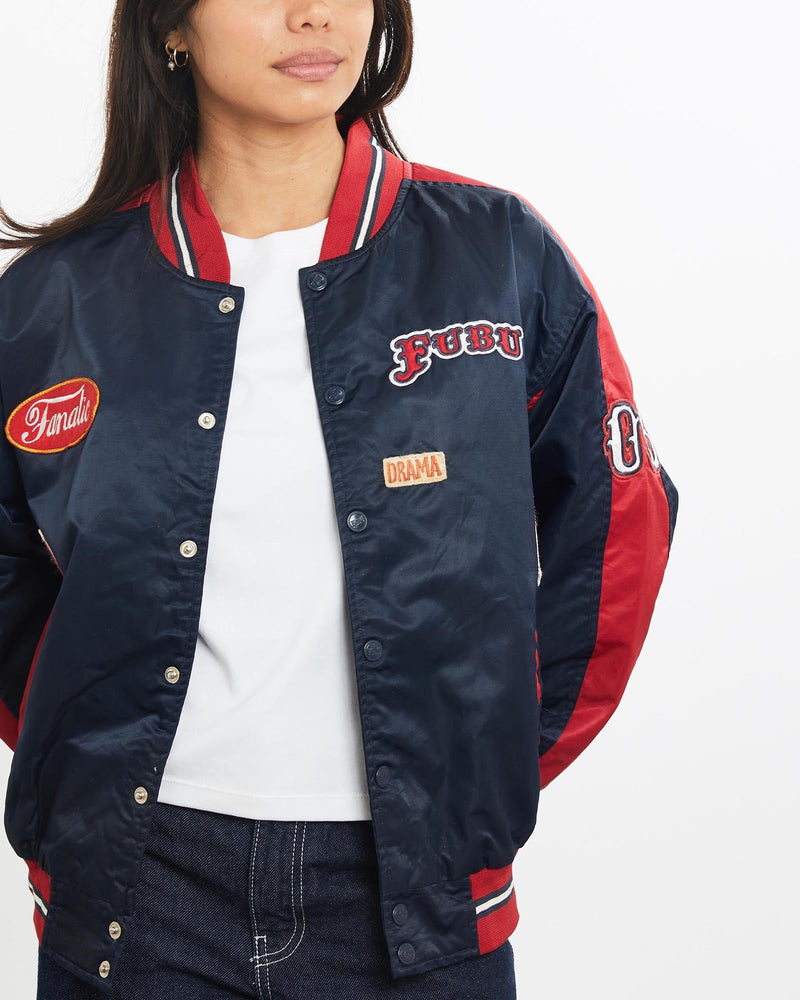 Vintage, FUBU, Satin, Bomber, Jacket, The Real Deal, size double extra small, colour Navy, newtown, sydney, australia, thrift store, opshop, preloved, secondhand, sustainable, retro, antique, 70s, 80s, 90s, 2000s, 00s, fashion, clothing, streetwear, trendy, garment, style, boutique, store, shop, archive, sale, cheap, best, top, Jackets