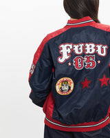 Vintage, FUBU, Satin, Bomber, Jacket, The Real Deal, size double extra small, colour Navy, newtown, sydney, australia, thrift store, opshop, preloved, secondhand, sustainable, retro, antique, 70s, 80s, 90s, 2000s, 00s, fashion, clothing, streetwear, trendy, garment, style, boutique, store, shop, archive, sale, cheap, best, top, Jackets
