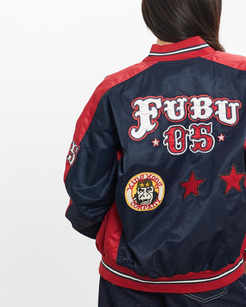 Vintage, FUBU, Satin, Bomber, Jacket, The Real Deal, size double extra small, colour Navy, newtown, sydney, australia, thrift store, opshop, preloved, secondhand, sustainable, retro, antique, 70s, 80s, 90s, 2000s, 00s, fashion, clothing, streetwear, trendy, garment, style, boutique, store, shop, archive, sale, cheap, best, top, Jackets