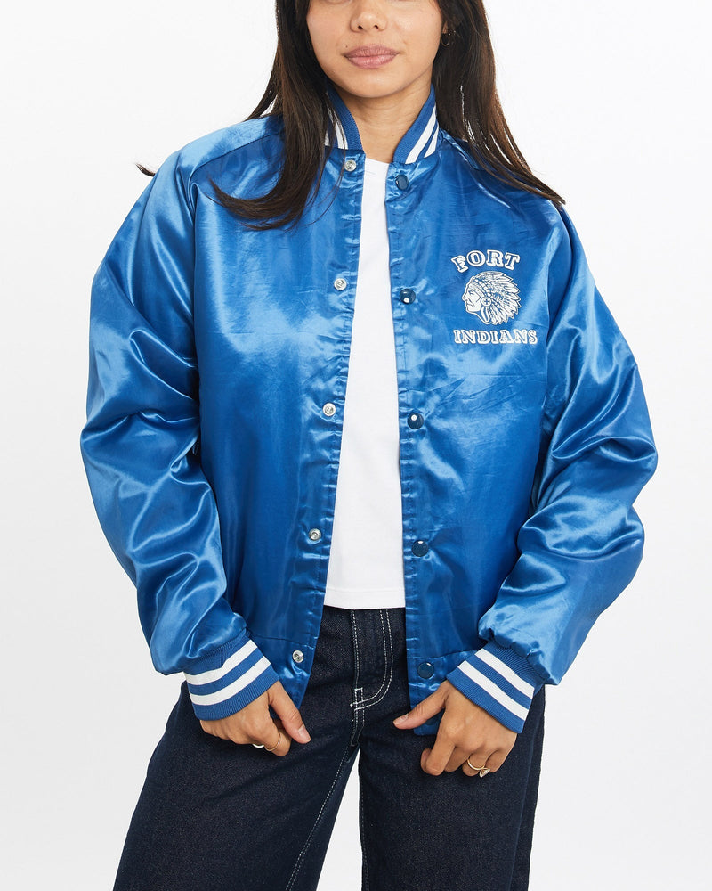 Vintage, 80s, Fort, Indians, Satin, Bomber, Jacket, The Real Deal, size double extra small, colour Blue, newtown, sydney, australia, thrift store, opshop, preloved, secondhand, sustainable, retro, antique, 70s, 80s, 90s, 2000s, 00s, fashion, clothing, streetwear, trendy, garment, style, boutique, store, shop, archive, sale, cheap, best, top, Jackets