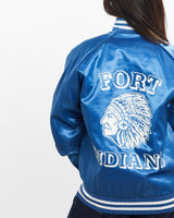 Vintage, 80s, Fort, Indians, Satin, Bomber, Jacket, The Real Deal, size double extra small, colour Blue, newtown, sydney, australia, thrift store, opshop, preloved, secondhand, sustainable, retro, antique, 70s, 80s, 90s, 2000s, 00s, fashion, clothing, streetwear, trendy, garment, style, boutique, store, shop, archive, sale, cheap, best, top, Jackets