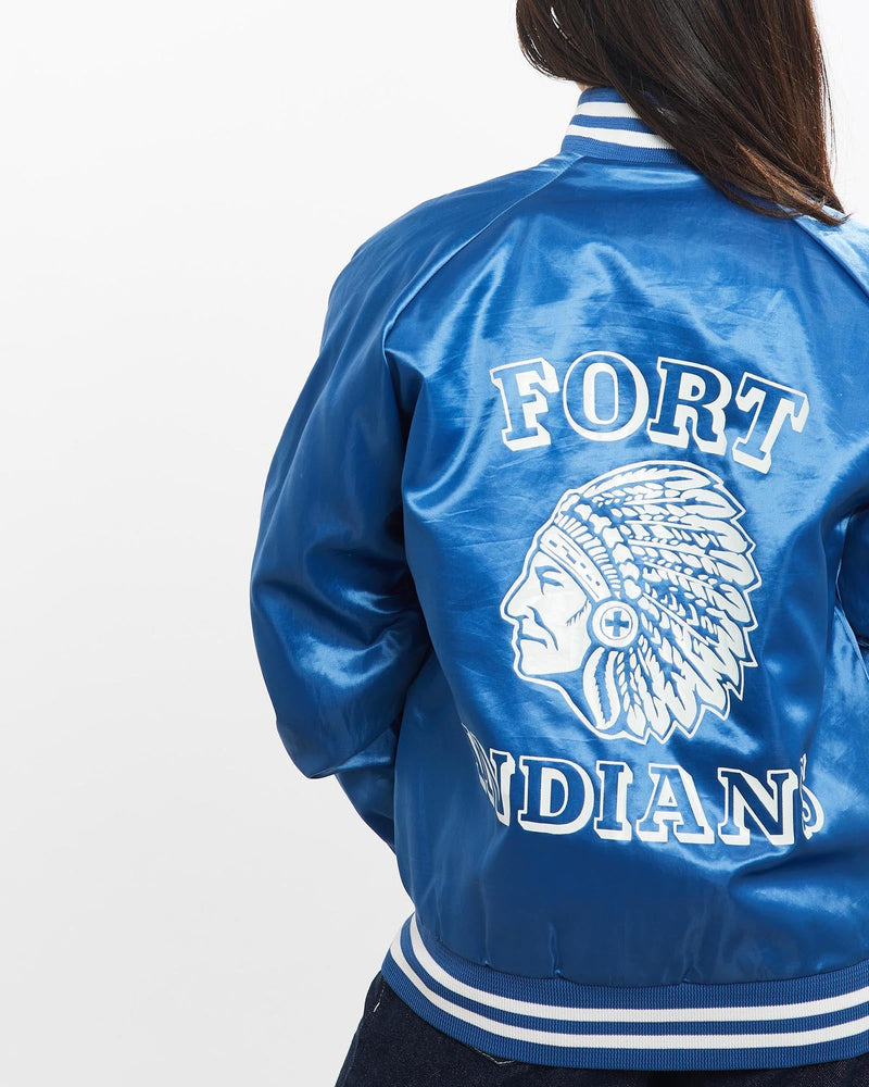 Vintage, 80s, Fort, Indians, Satin, Bomber, Jacket, The Real Deal, size double extra small, colour Blue, newtown, sydney, australia, thrift store, opshop, preloved, secondhand, sustainable, retro, antique, 70s, 80s, 90s, 2000s, 00s, fashion, clothing, streetwear, trendy, garment, style, boutique, store, shop, archive, sale, cheap, best, top, Jackets