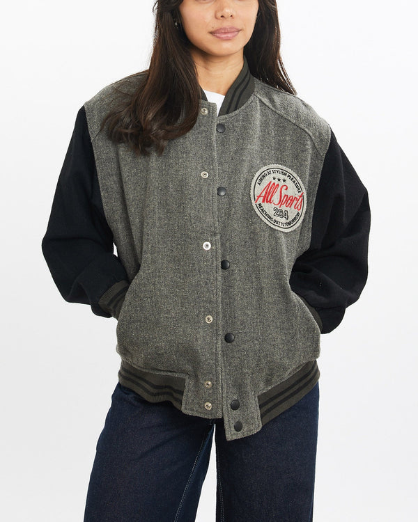 Vintage, 90s, All, Sports, Varsity, Jacket, The Real Deal, size double extra small, colour Grey, newtown, sydney, australia, thrift store, opshop, preloved, secondhand, sustainable, retro, antique, 70s, 80s, 90s, 2000s, 00s, fashion, clothing, streetwear, trendy, garment, style, boutique, store, shop, archive, sale, cheap, best, top, Jackets