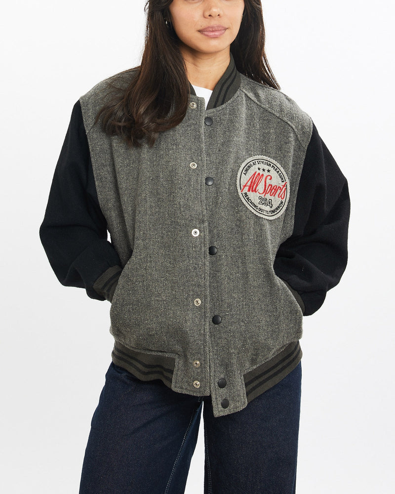 Vintage, 90s, All, Sports, Varsity, Jacket, The Real Deal, size double extra small, colour Grey, newtown, sydney, australia, thrift store, opshop, preloved, secondhand, sustainable, retro, antique, 70s, 80s, 90s, 2000s, 00s, fashion, clothing, streetwear, trendy, garment, style, boutique, store, shop, archive, sale, cheap, best, top, Jackets