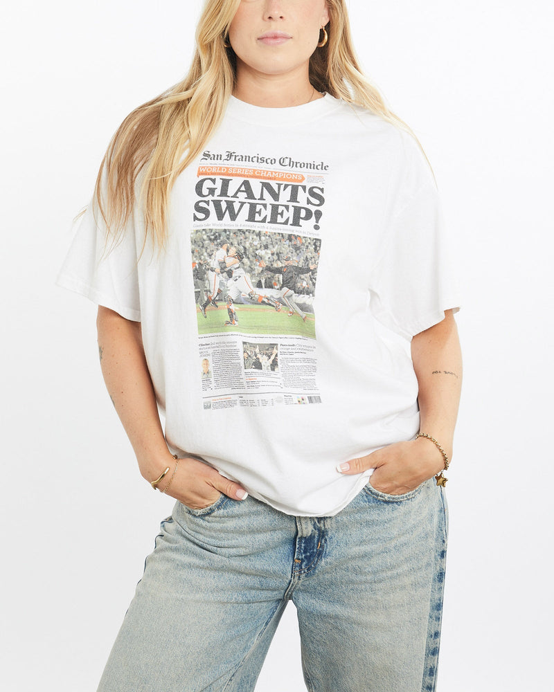 Vintage, San, Francisco, Chronicle, Front, Page', Tee, The Real Deal, size large, colour White, newtown, sydney, australia, thrift store, opshop, preloved, secondhand, sustainable, retro, antique, 70s, 80s, 90s, 2000s, 00s, fashion, clothing, streetwear, trendy, garment, style, boutique, store, shop, archive, sale, cheap, best, top, T-Shirts