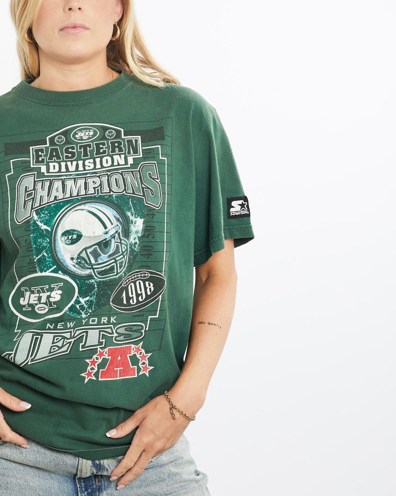 Vintage, 1998, Starter, NFL, New, York, Jets, Tee, The Real Deal, size small, colour Green, newtown, sydney, australia, thrift store, opshop, preloved, secondhand, sustainable, retro, antique, 70s, 80s, 90s, 2000s, 00s, fashion, clothing, streetwear, trendy, garment, style, boutique, store, shop, archive, sale, cheap, best, top, T-Shirts