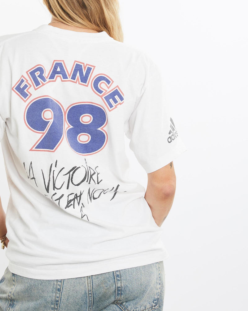 Vintage, 1998, Adidas, France, FIFA, World, Cup, Tee, The Real Deal, size small, colour White, newtown, sydney, australia, thrift store, opshop, preloved, secondhand, sustainable, retro, antique, 70s, 80s, 90s, 2000s, 00s, fashion, clothing, streetwear, trendy, garment, style, boutique, store, shop, archive, sale, cheap, best, top, T-Shirts