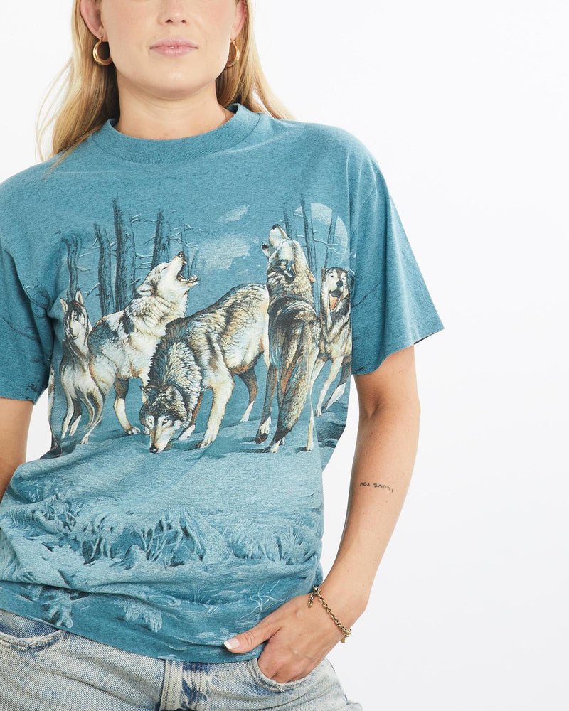 Vintage, Wolves, Wildlife, All, Over, Print, Tee, The Real Deal, size small, colour Blue, newtown, sydney, australia, thrift store, opshop, preloved, secondhand, sustainable, retro, antique, 70s, 80s, 90s, 2000s, 00s, fashion, clothing, streetwear, trendy, garment, style, boutique, store, shop, archive, sale, cheap, best, top, T-Shirts