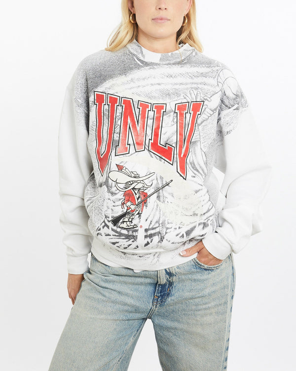 Vintage, 90s, NCAA, UNLV, Rebels, All, Over, Print, Sweatshirt, The Real Deal, size small, colour White, newtown, sydney, australia, thrift store, opshop, preloved, secondhand, sustainable, retro, antique, 70s, 80s, 90s, 2000s, 00s, fashion, clothing, streetwear, trendy, garment, style, boutique, store, shop, archive, sale, cheap, best, top, Sweats and hoodies
