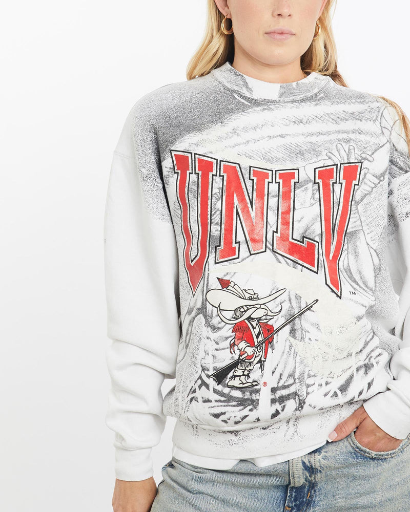 Vintage, 90s, NCAA, UNLV, Rebels, All, Over, Print, Sweatshirt, The Real Deal, size small, colour White, newtown, sydney, australia, thrift store, opshop, preloved, secondhand, sustainable, retro, antique, 70s, 80s, 90s, 2000s, 00s, fashion, clothing, streetwear, trendy, garment, style, boutique, store, shop, archive, sale, cheap, best, top, Sweats and hoodies