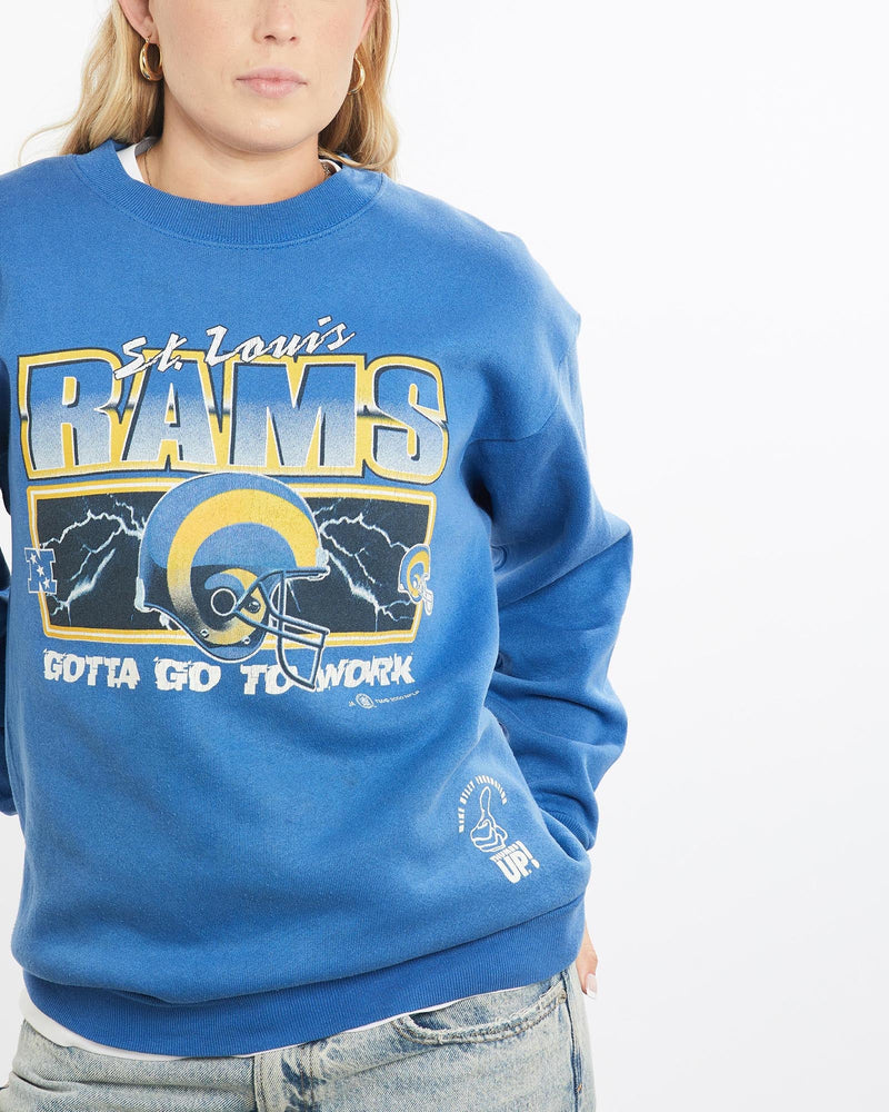 Vintage, NFL, St., Louis, Rams, Sweatshirt, The Real Deal, size small, colour Blue, newtown, sydney, australia, thrift store, opshop, preloved, secondhand, sustainable, retro, antique, 70s, 80s, 90s, 2000s, 00s, fashion, clothing, streetwear, trendy, garment, style, boutique, store, shop, archive, sale, cheap, best, top, Sweats and hoodies