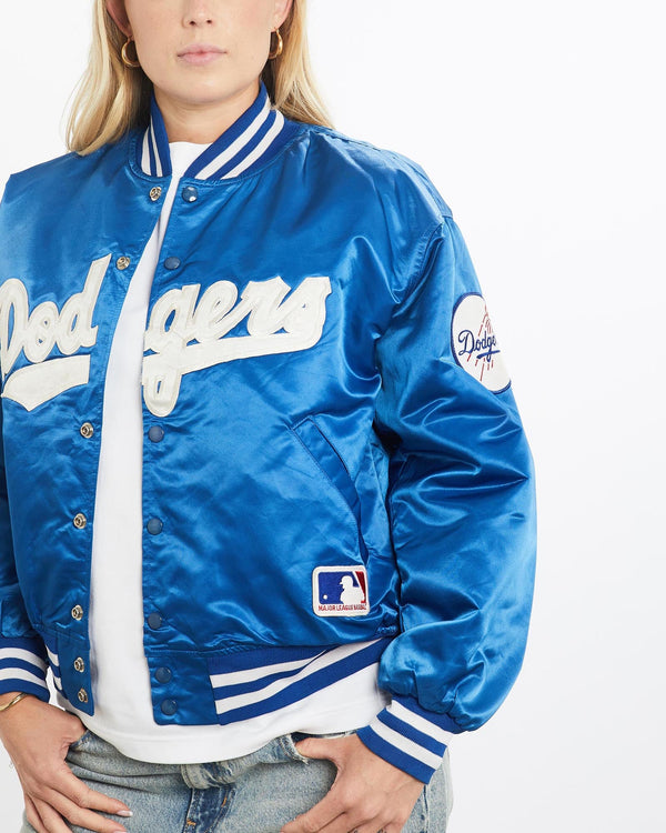 Vintage, 90s, MLB, Los, Angeles, Dodgers, Satin, Bomber, Jacket, The Real Deal, size small, colour Blue, newtown, sydney, australia, thrift store, opshop, preloved, secondhand, sustainable, retro, antique, 70s, 80s, 90s, 2000s, 00s, fashion, clothing, streetwear, trendy, garment, style, boutique, store, shop, archive, sale, cheap, best, top, Jackets