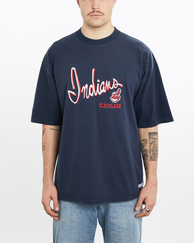 Vintage, 90s, MLB, Cleveland, Indians, Tee, The Real Deal, size extra large, colour Navy, newtown, sydney, australia, thrift store, opshop, preloved, secondhand, sustainable, retro, antique, 70s, 80s, 90s, 2000s, 00s, fashion, clothing, streetwear, trendy, garment, style, boutique, store, shop, archive, sale, cheap, best, top, T-Shirts