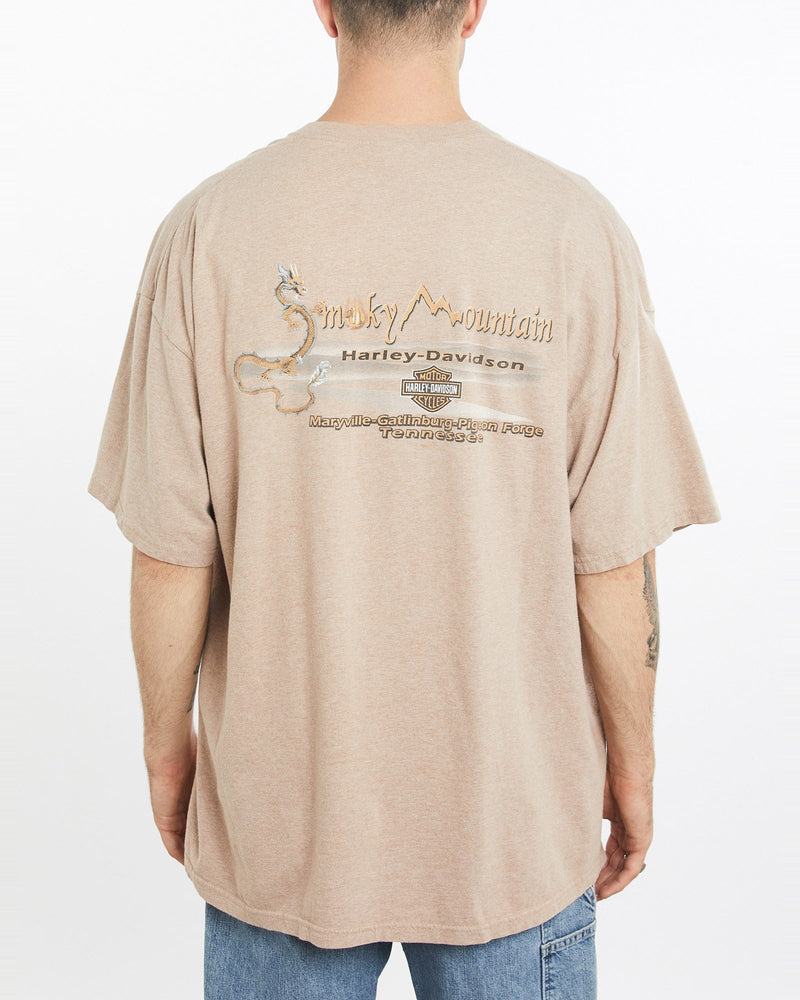 Vintage, Harley, Davidson, Smoky, Mountain, Tee, The Real Deal, size double extra large, colour Beige, newtown, sydney, australia, thrift store, opshop, preloved, secondhand, sustainable, retro, antique, 70s, 80s, 90s, 2000s, 00s, fashion, clothing, streetwear, trendy, garment, style, boutique, store, shop, archive, sale, cheap, best, top, T-Shirts